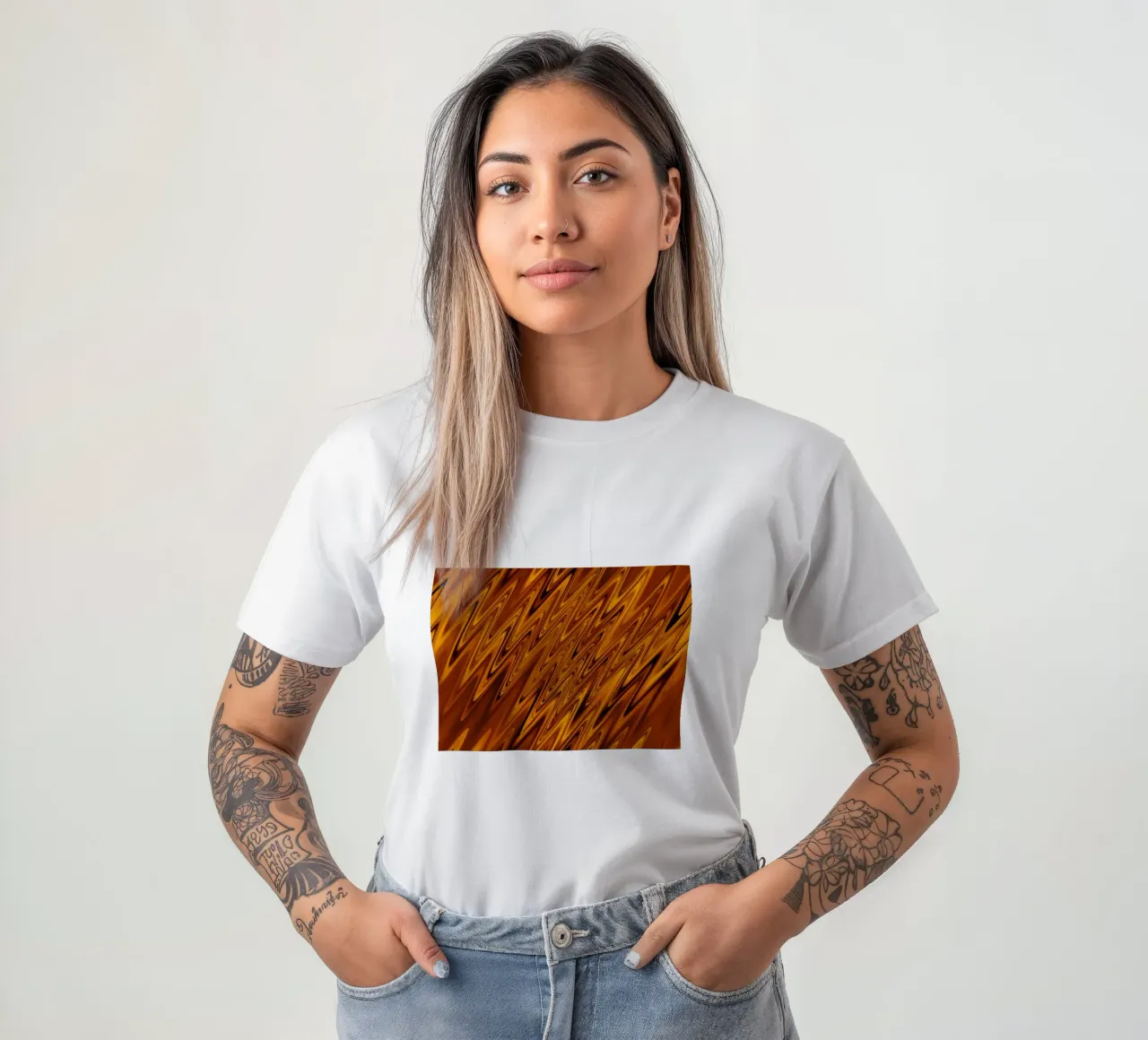 Abstract dynamic wave pattern in orange and red t-shirt by Something for you