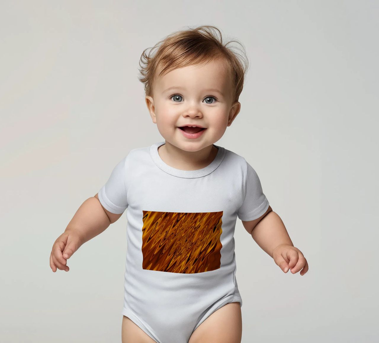 Abstract dynamic wave pattern in orange and red short-sleeve baby romper by Something for you