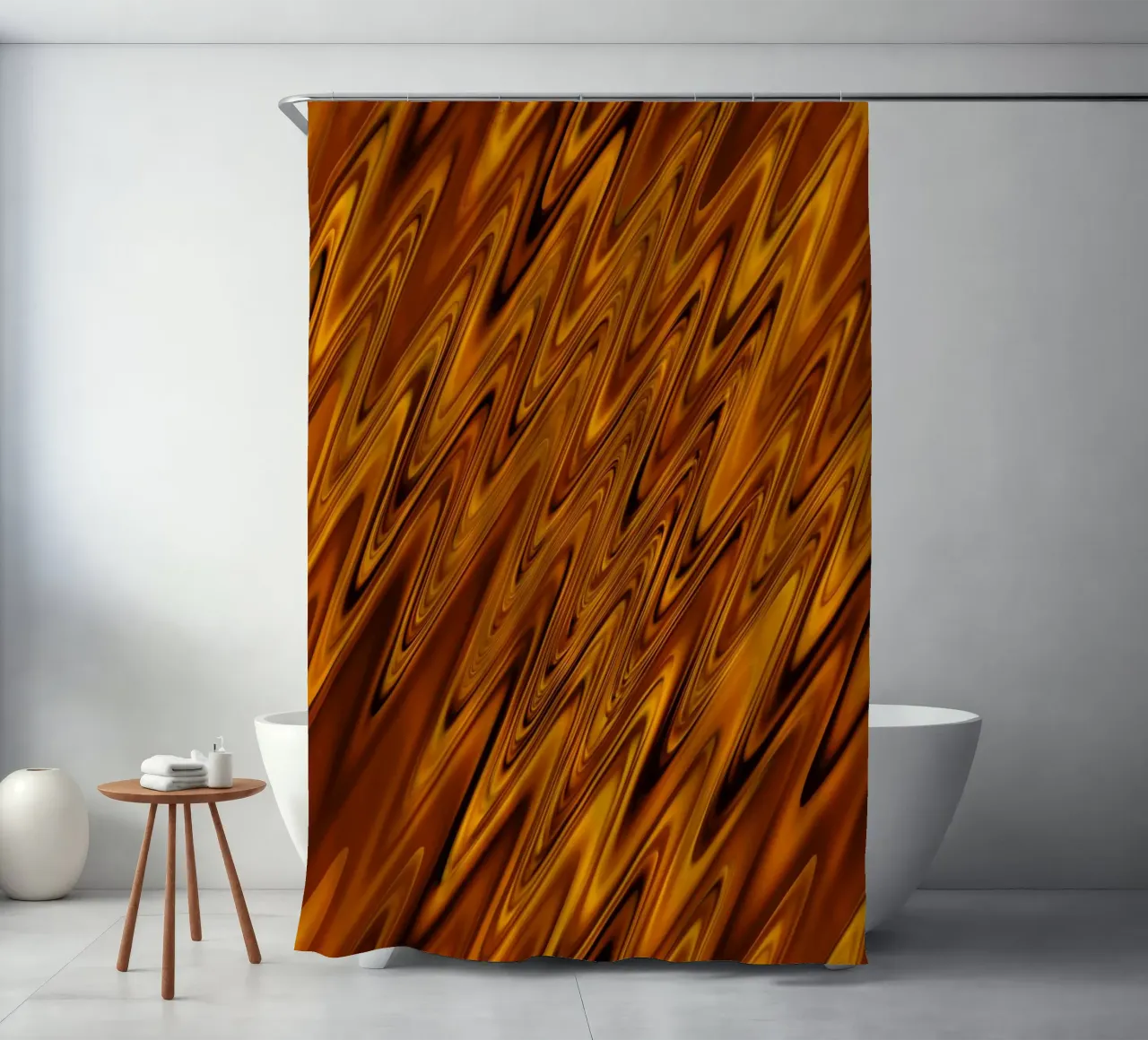 Abstract dynamic wave pattern in orange and red shower curtain by Something for you