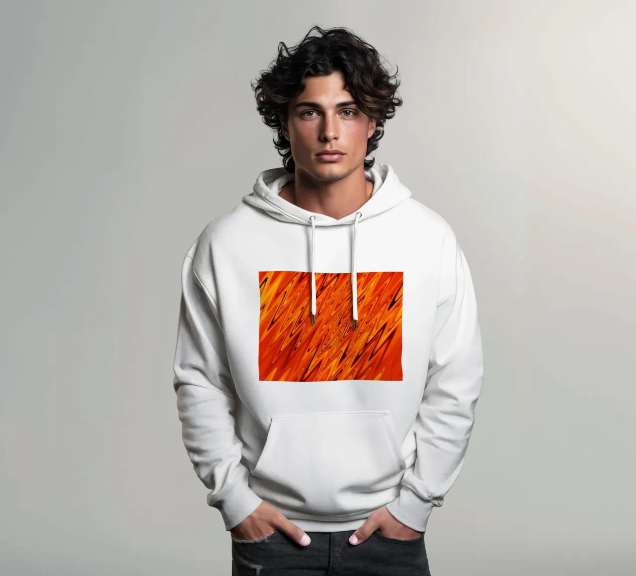 Abstract dynamic waves and patterns in orange and red hoodie by Something for you
