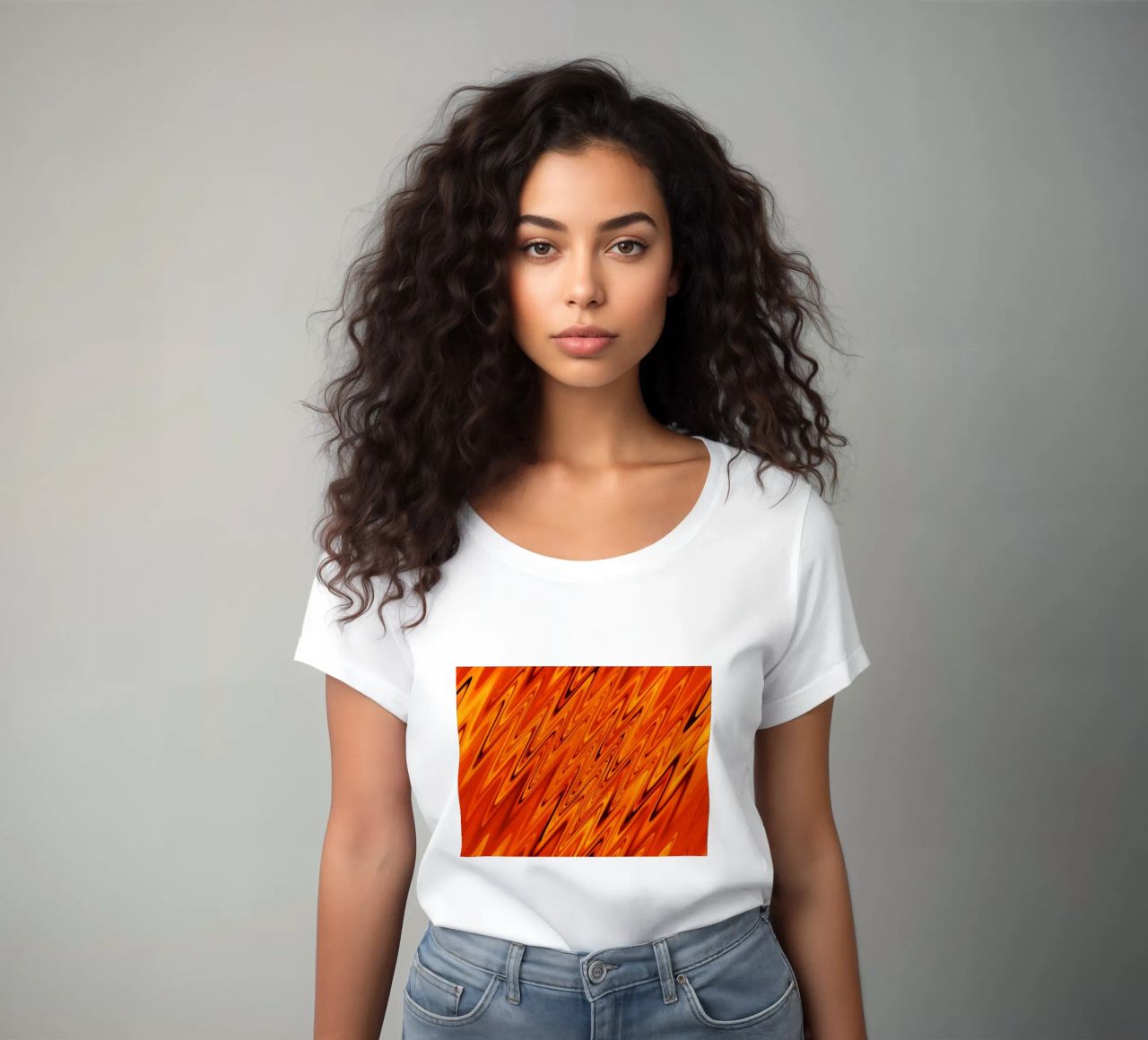 Abstract dynamic waves and patterns in orange and red women's fitted t-shirt by Something for you