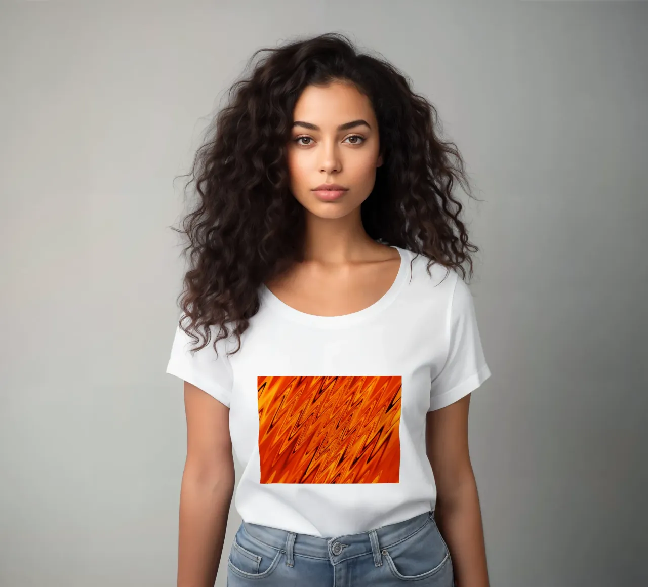 Abstract dynamic waves and patterns in orange and red women's fitted t-shirt by Something for you