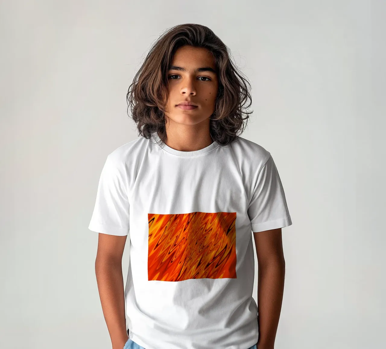 Abstract dynamic waves and patterns in orange and red kids t-shirt by Something for you
