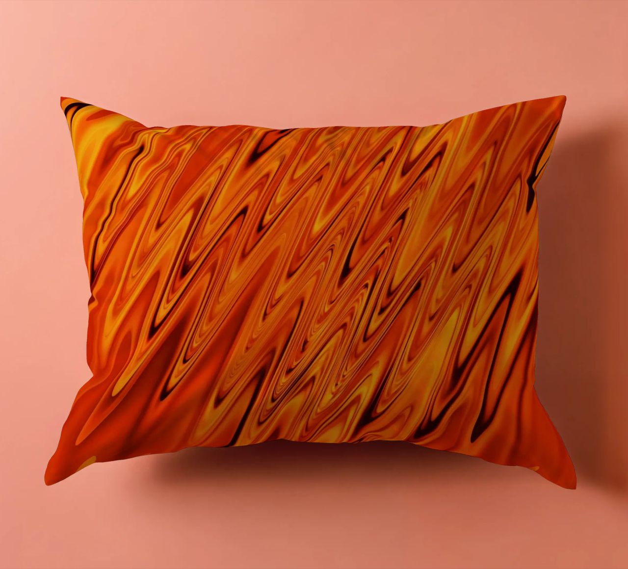 Abstract dynamic waves and patterns in orange and red decorative cushion by Something for you