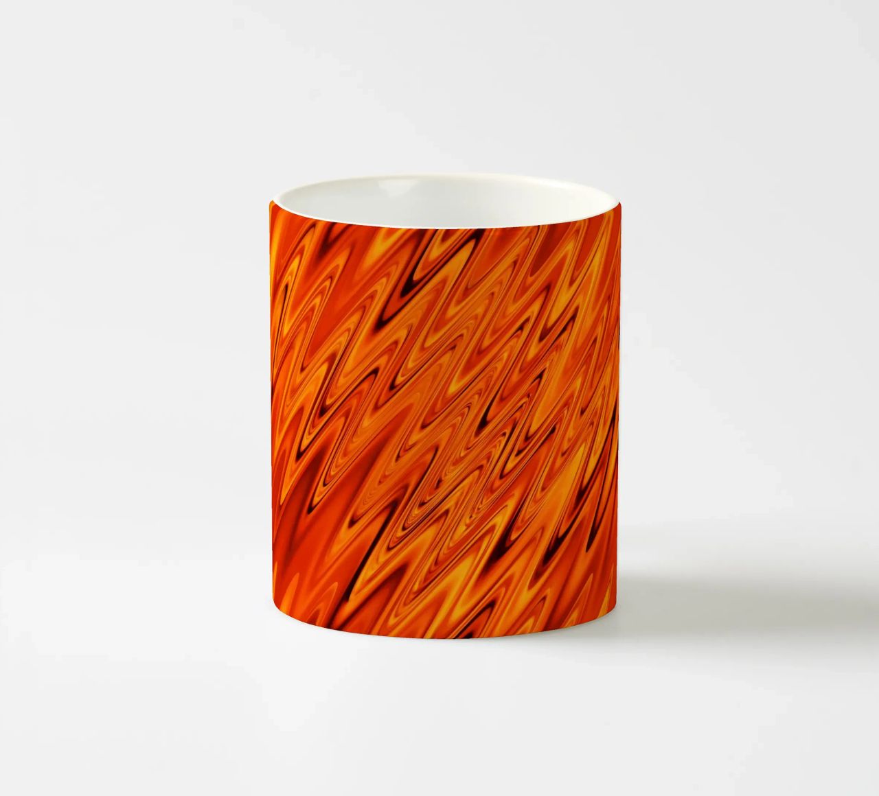 Abstract dynamic waves and patterns in orange and red ceramic mug by Something for you