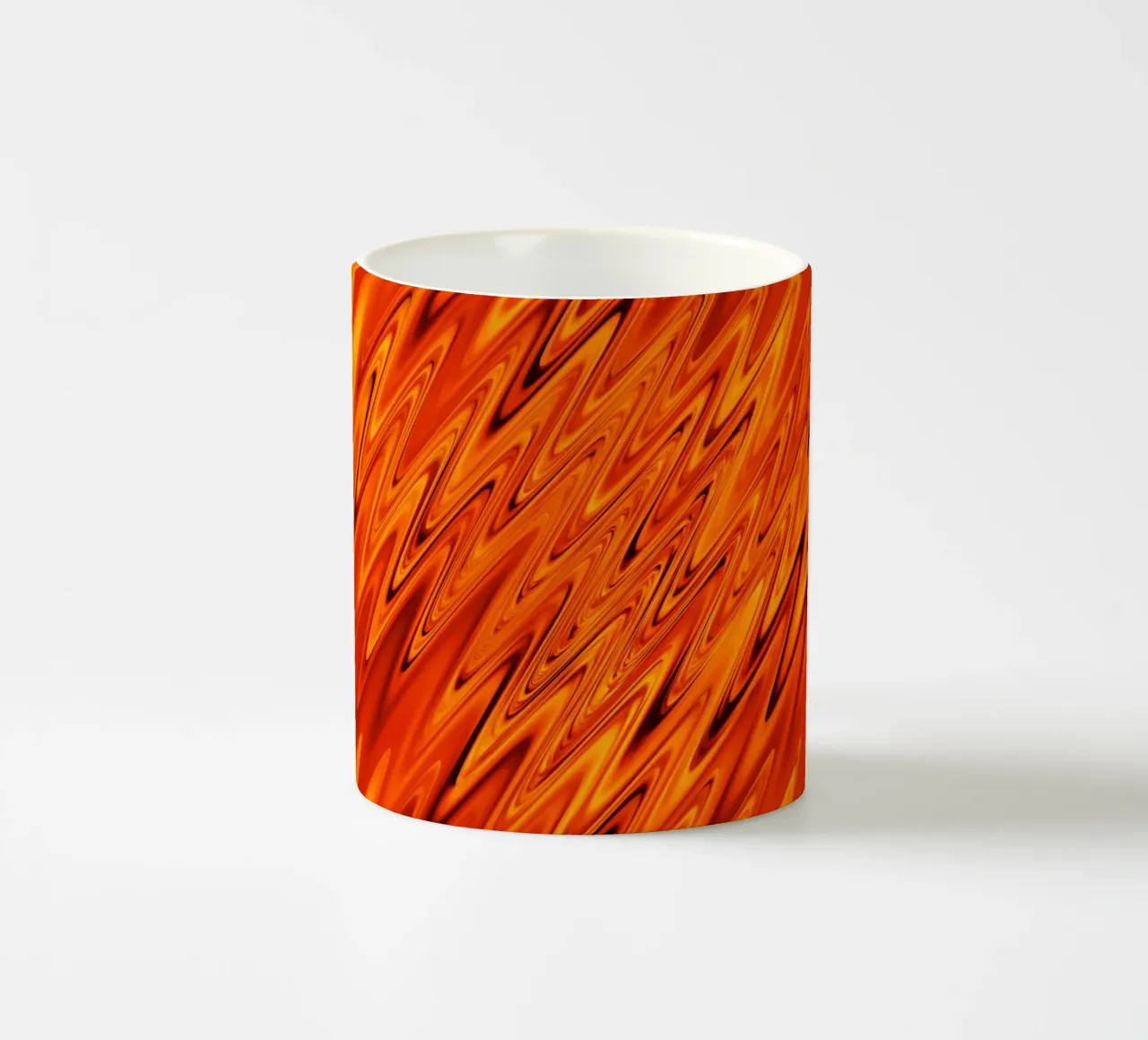 Abstract dynamic waves and patterns in orange and red ceramic mug by Something for you