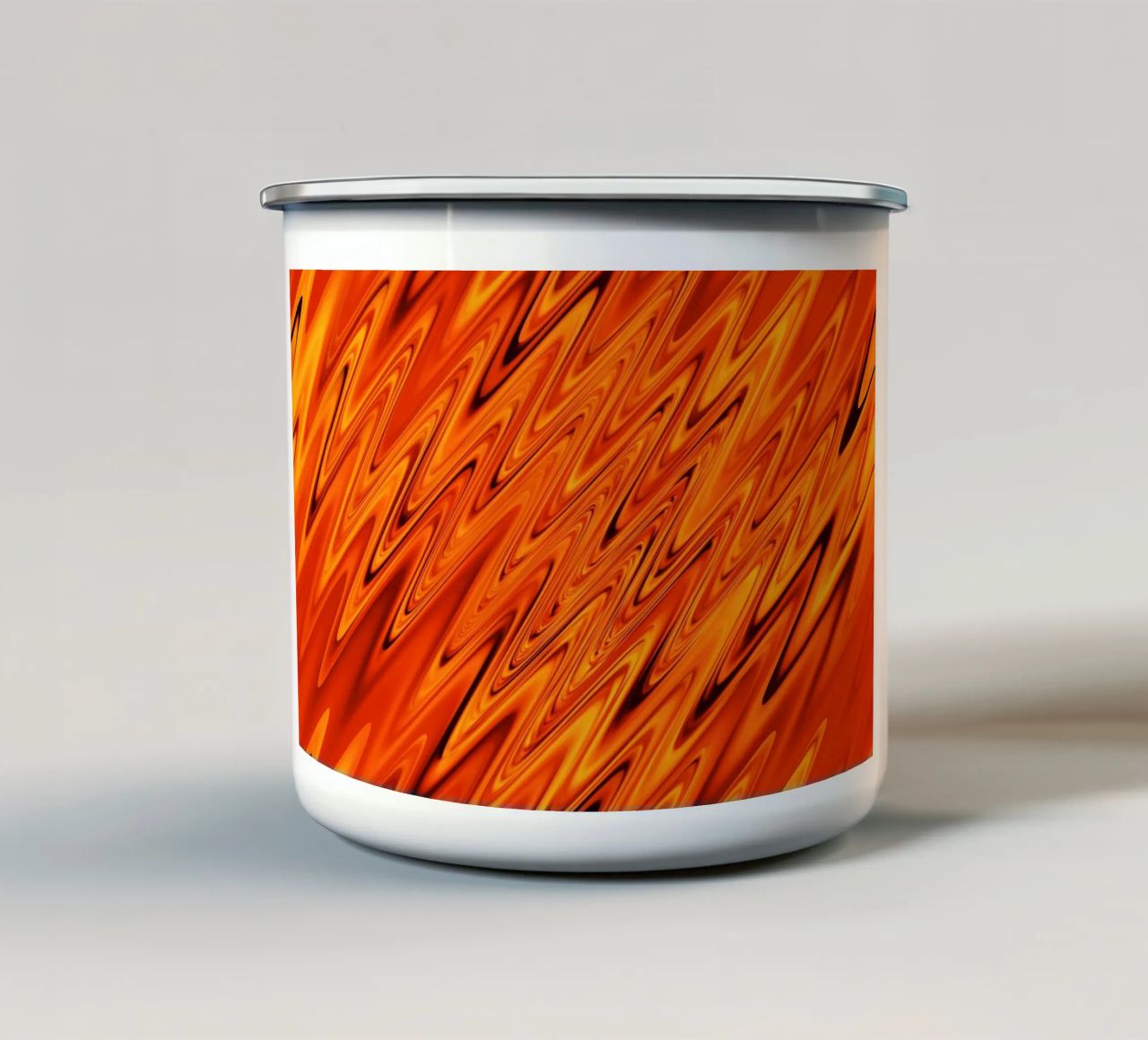 Abstract dynamic waves and patterns in orange and red enamel mug by Something for you