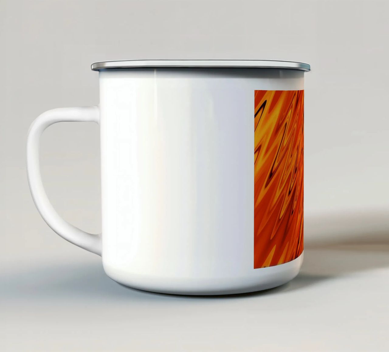 Abstract dynamic waves and patterns in orange and red enamel mug by Something for you