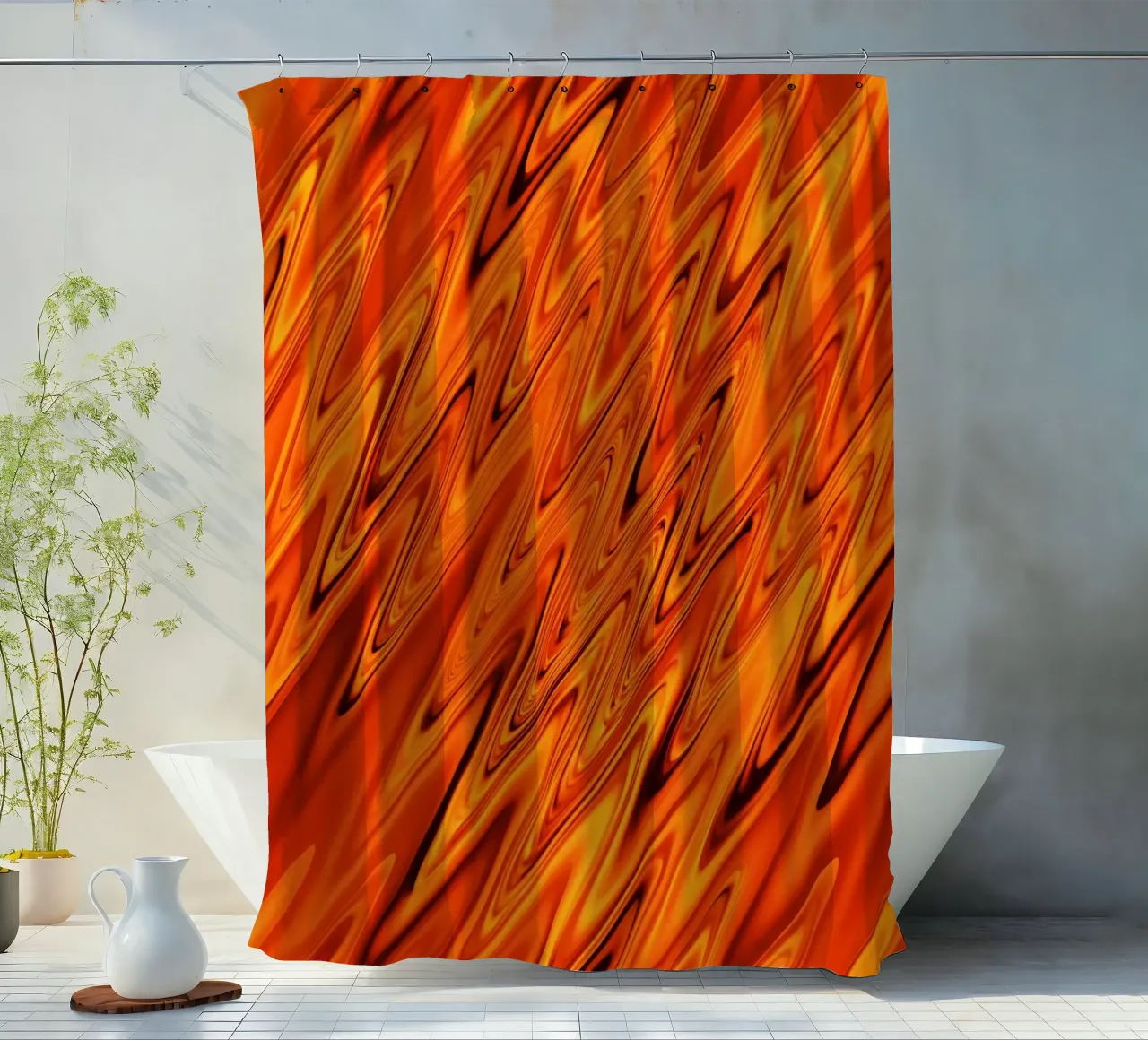 Abstract dynamic waves and patterns in orange and red shower curtain by Something for you