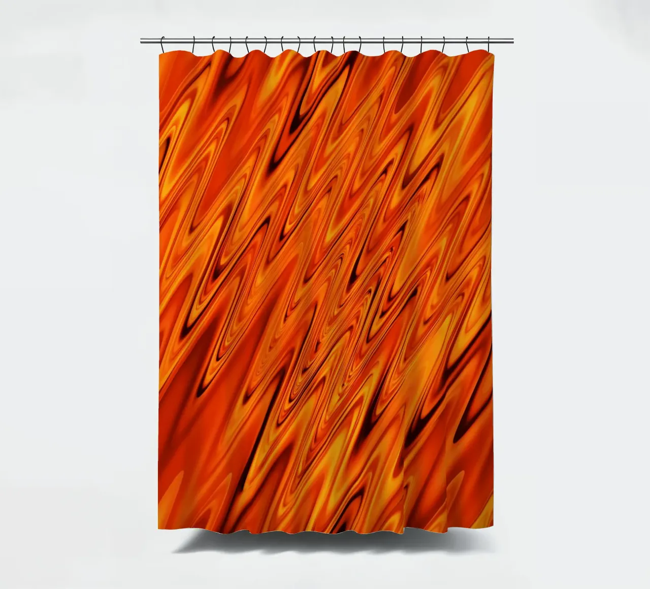 Abstract dynamic waves and patterns in orange and red shower curtain by Something for you