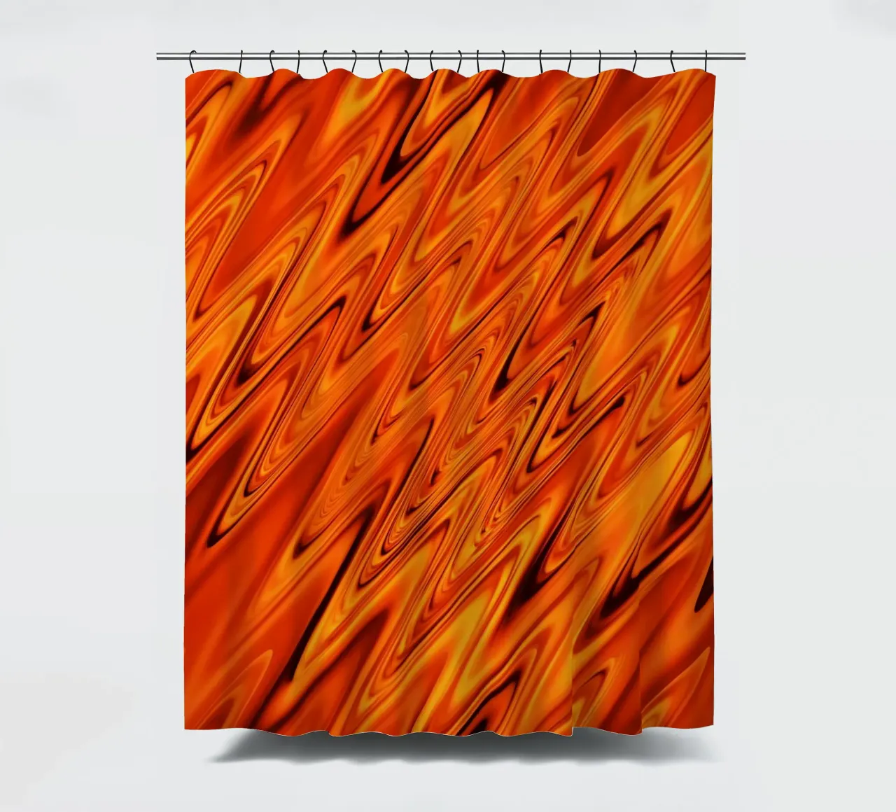 Abstract dynamic waves and patterns in orange and red shower curtain by Something for you