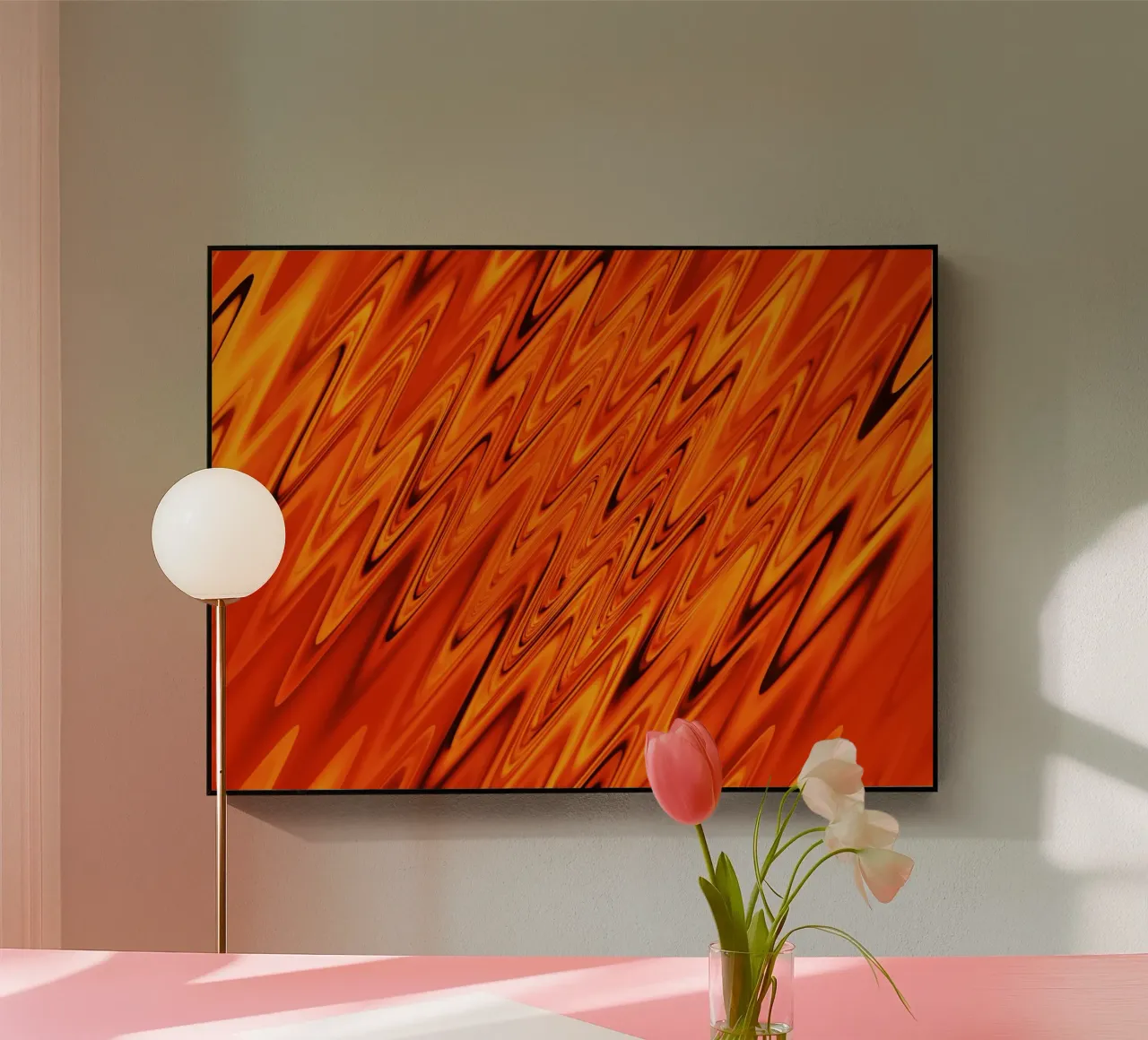 Abstract dynamic waves and patterns in orange and red acrylic glass by Something for you