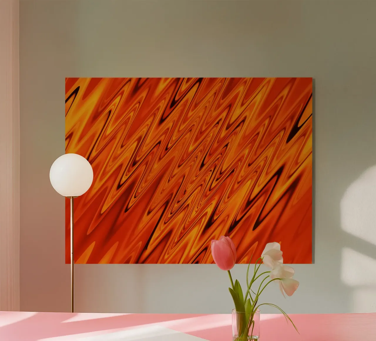 Abstract dynamic waves and patterns in orange and red acrylic glass by Something for you