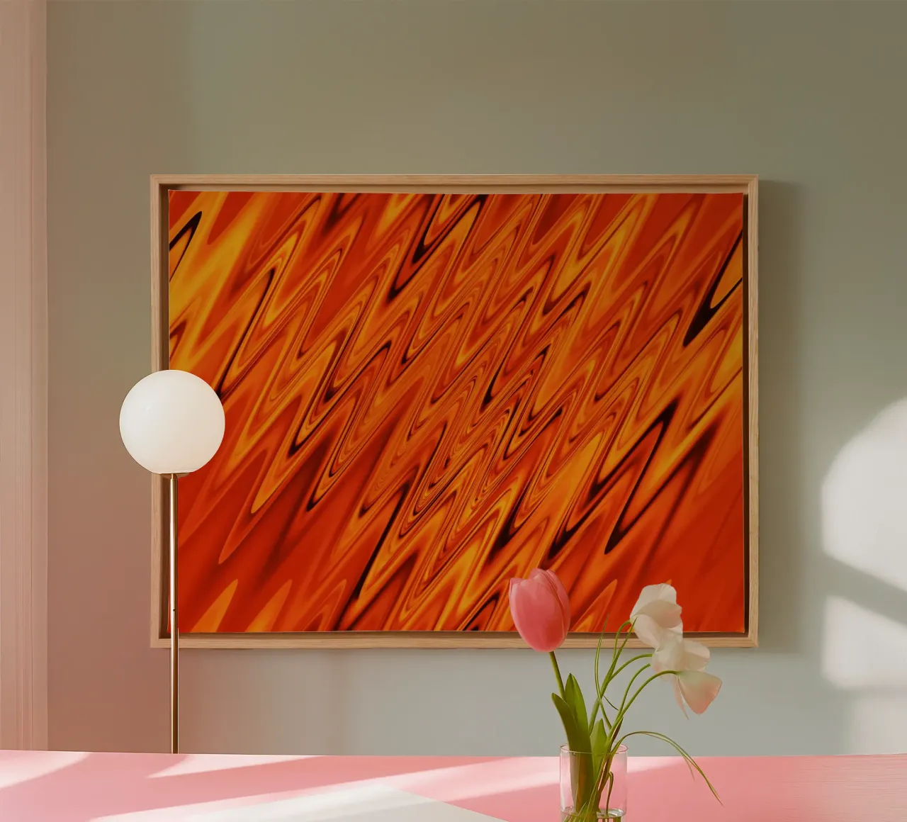 Abstract dynamic waves and patterns in orange and red canvas with Floater frame by Something for you