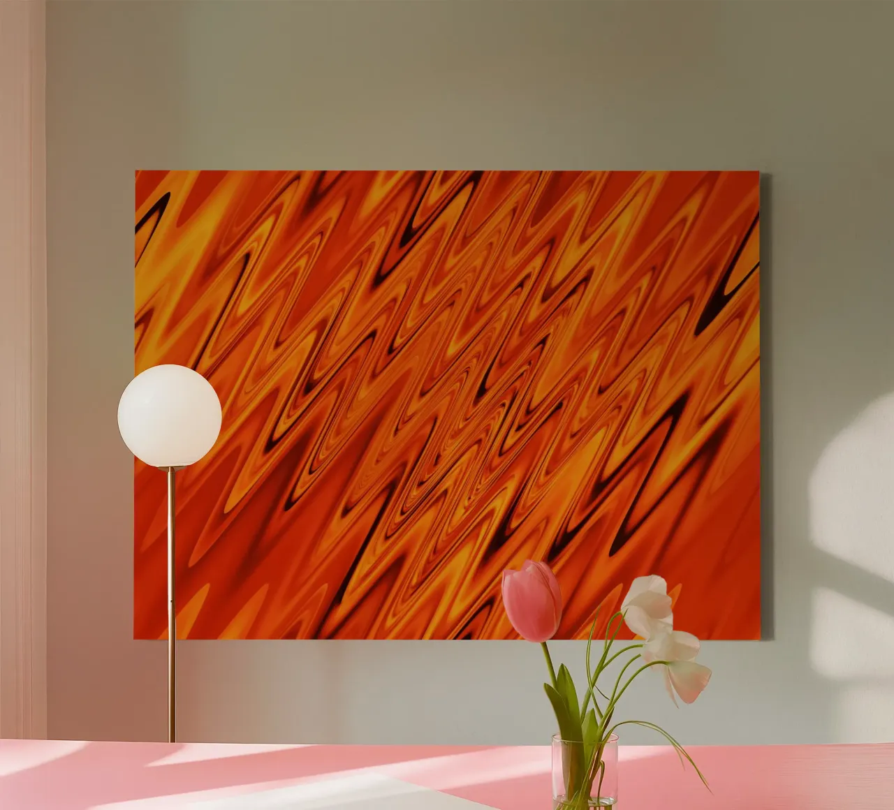 Abstract dynamic waves and patterns in orange and red canvas with Floater frame by Something for you