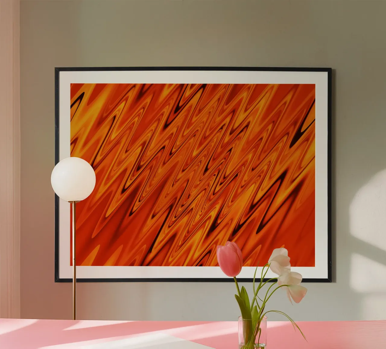 Abstract dynamic waves and patterns in orange and red poster with aluminum frame by Something for you