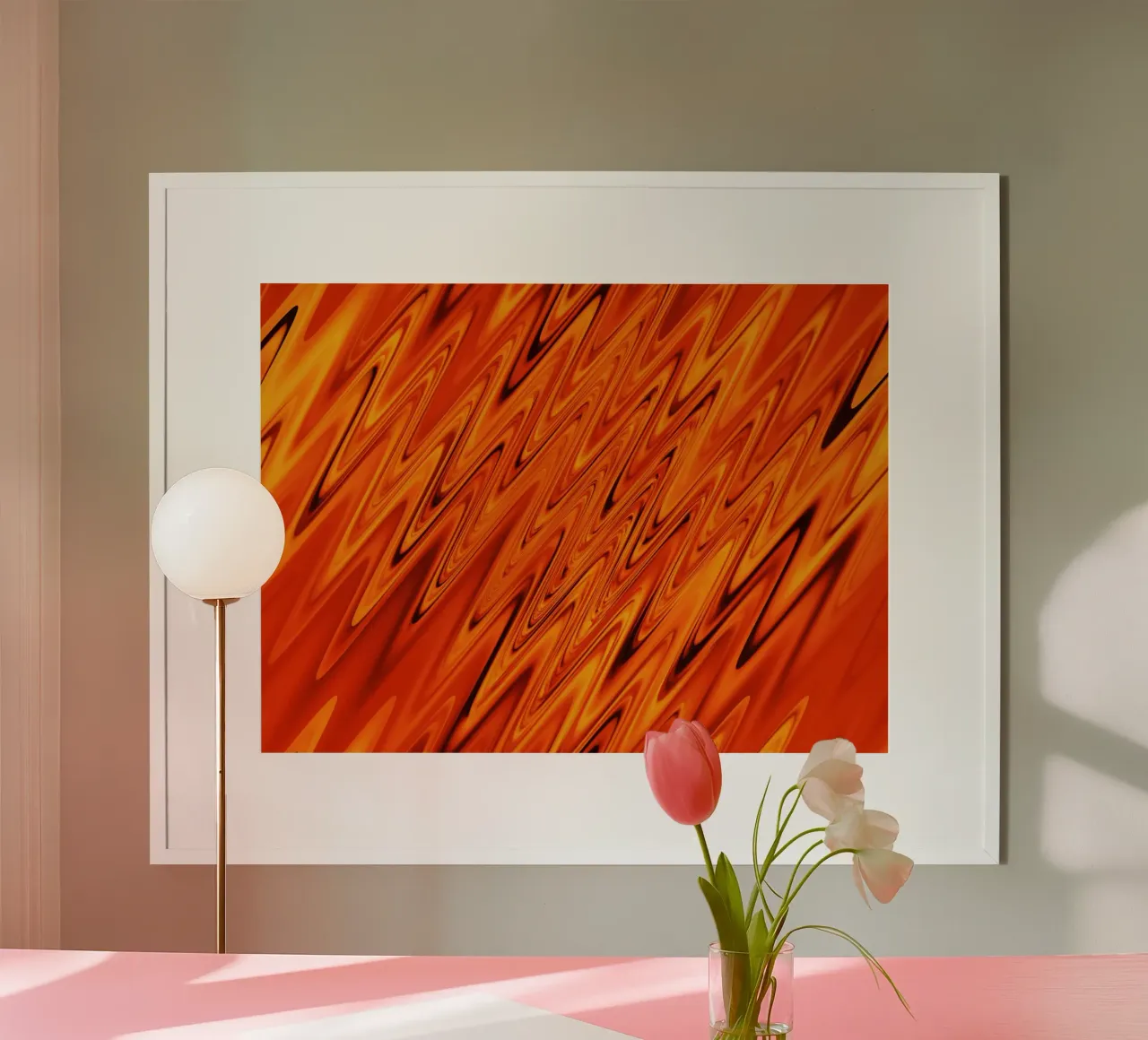 Abstract dynamic waves and patterns in orange and red poster with aluminum frame by Something for you