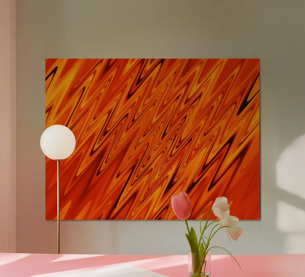 Abstract dynamic waves and patterns in orange and red poster with aluminum frame by Something for you