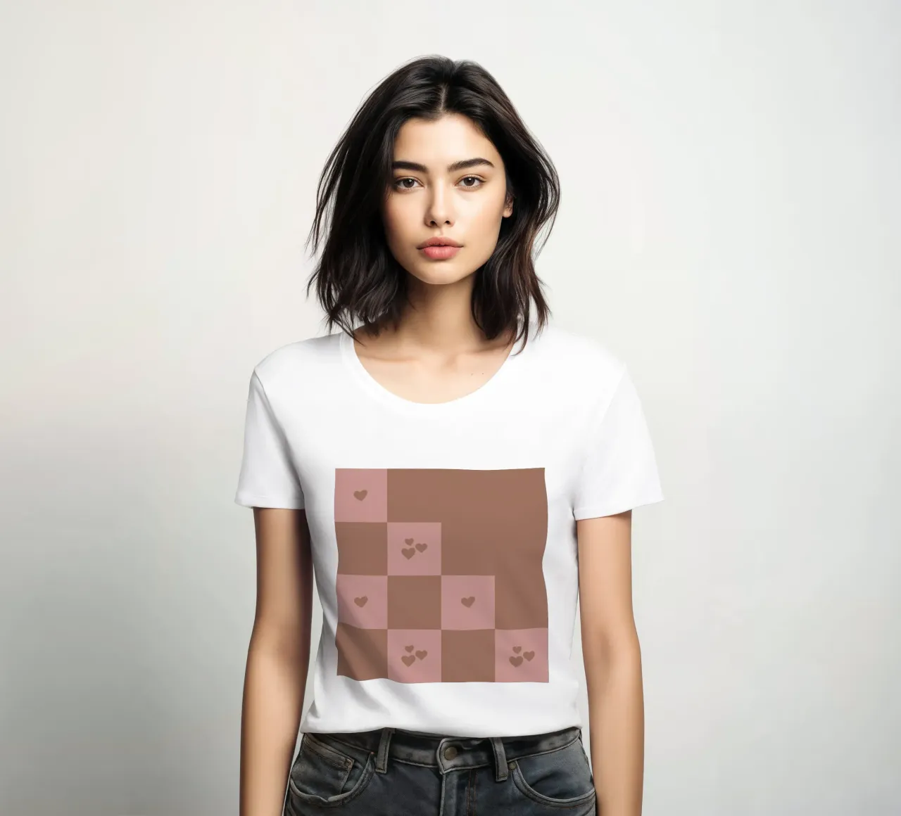 Broken Grid heart pattern - mocha mousse women's fitted t-shirt by Wackapacka