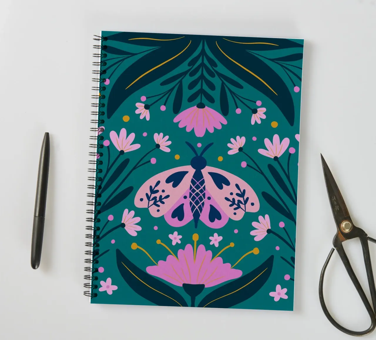 Folk moth - pink and turquoise spiral notebook by Wackapacka