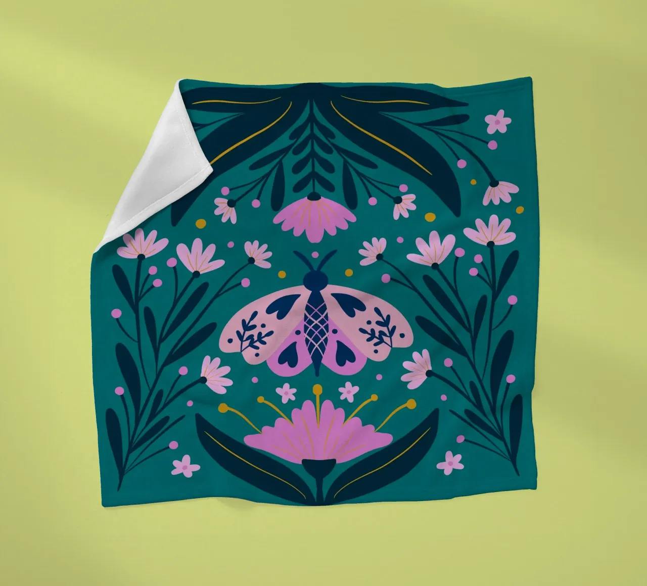 Folk moth - pink and turquoise fleece blanket by Wackapacka