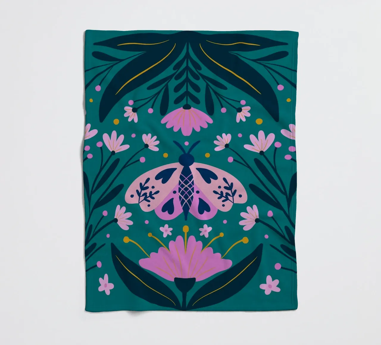 Folk moth - pink and turquoise fleece blanket by Wackapacka
