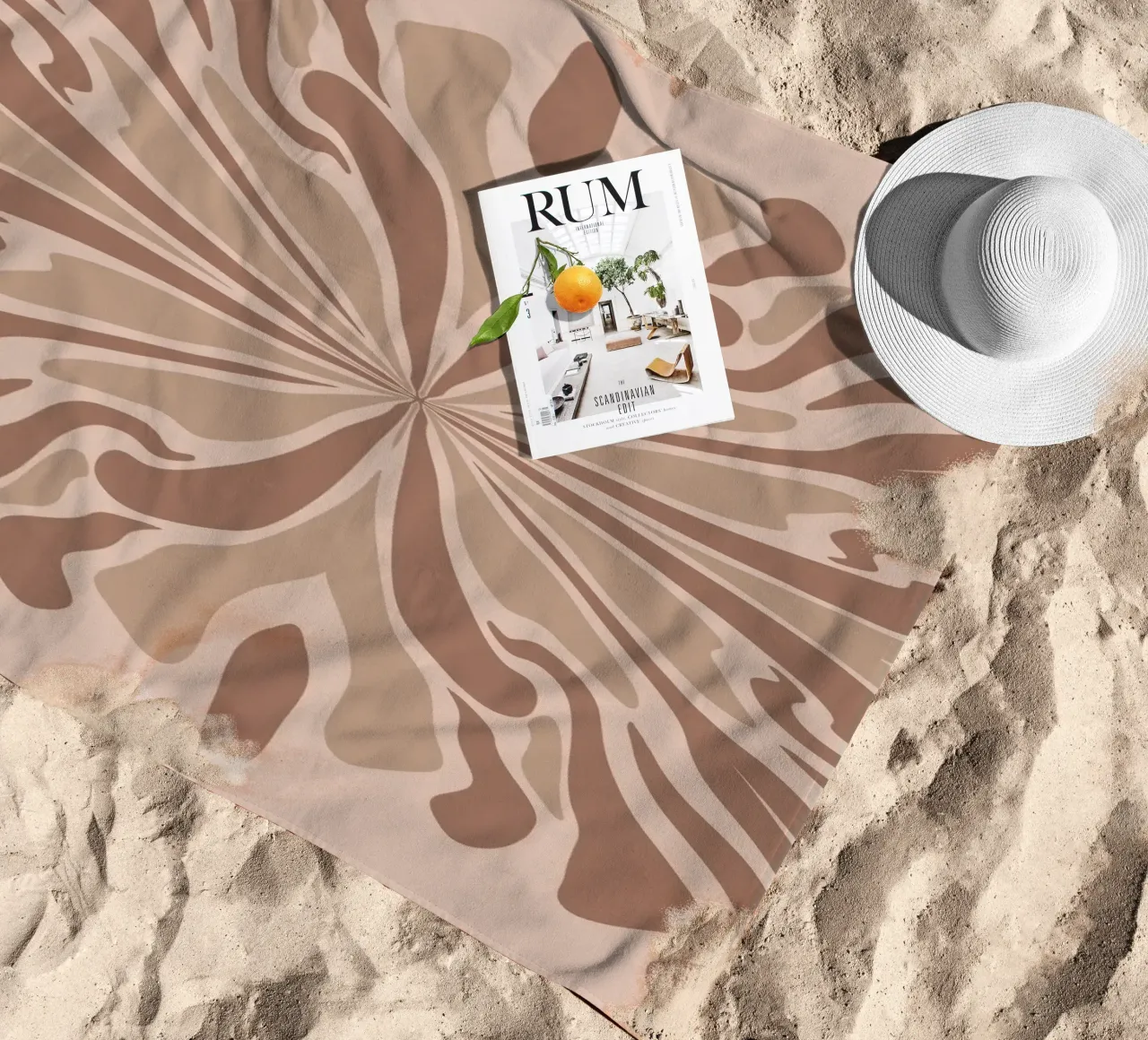 Abstract psychedelic symmetrical petals mocha mousse beach towel by Wackapacka