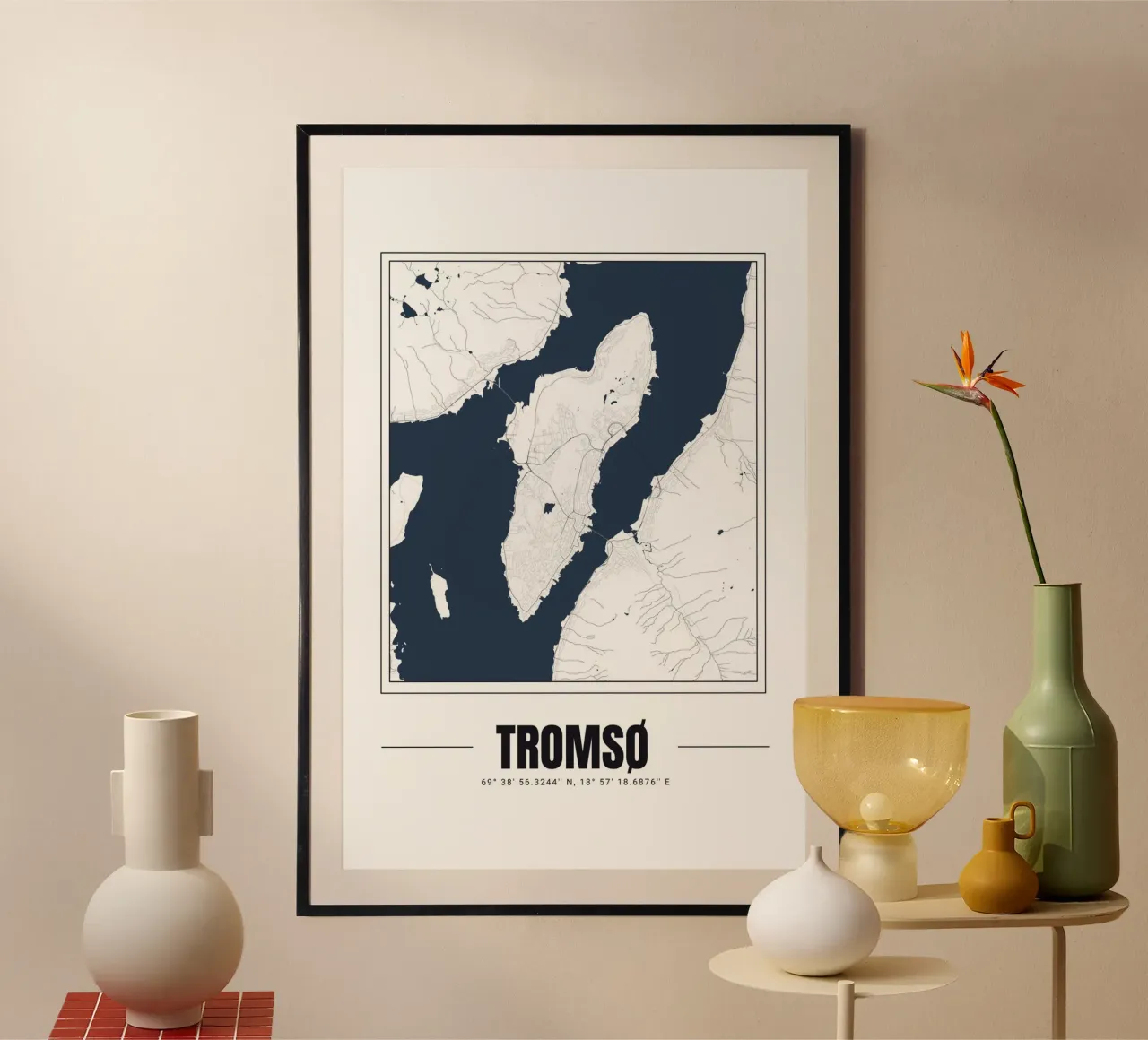 Minimalist Map of Tromsø - Modern Nordic Wall Art poster with wooden frame by Ben & Clo creations