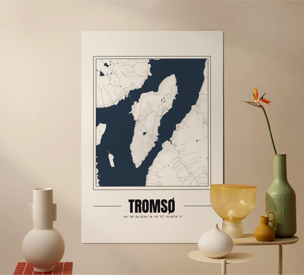 Minimalist Map of Tromsø - Modern Nordic Wall Art poster with wooden frame by Ben & Clo creations