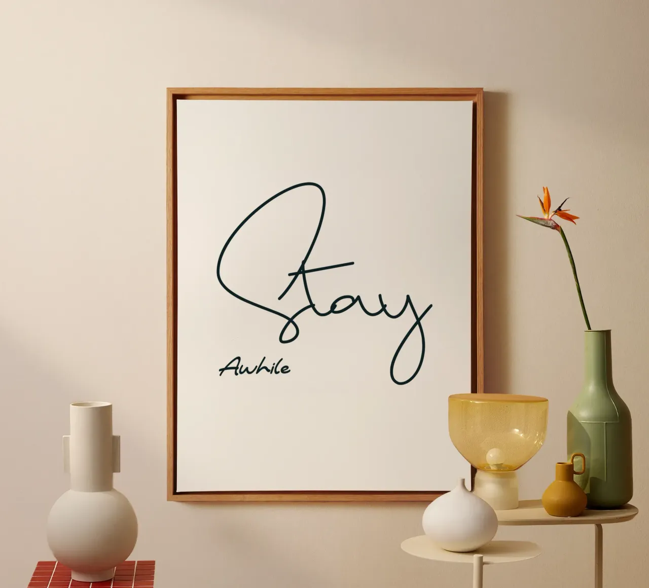 Stay Awhile Simple Minimalist Typography canvas with Floater frame by YV TYPOGRAPHY