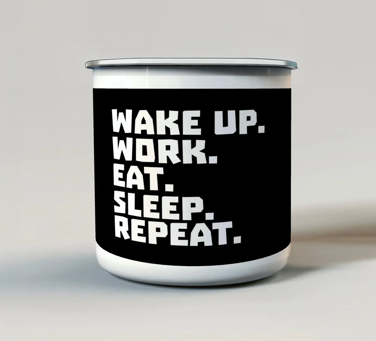Wake up work eat sleep repeat mug en émail de happieeagle