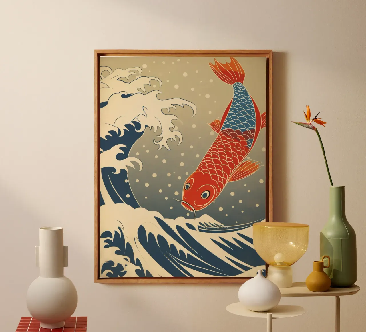 Japanese koi fish in the Great Wave of Kanagawa canvas with Floater frame by Autofocus