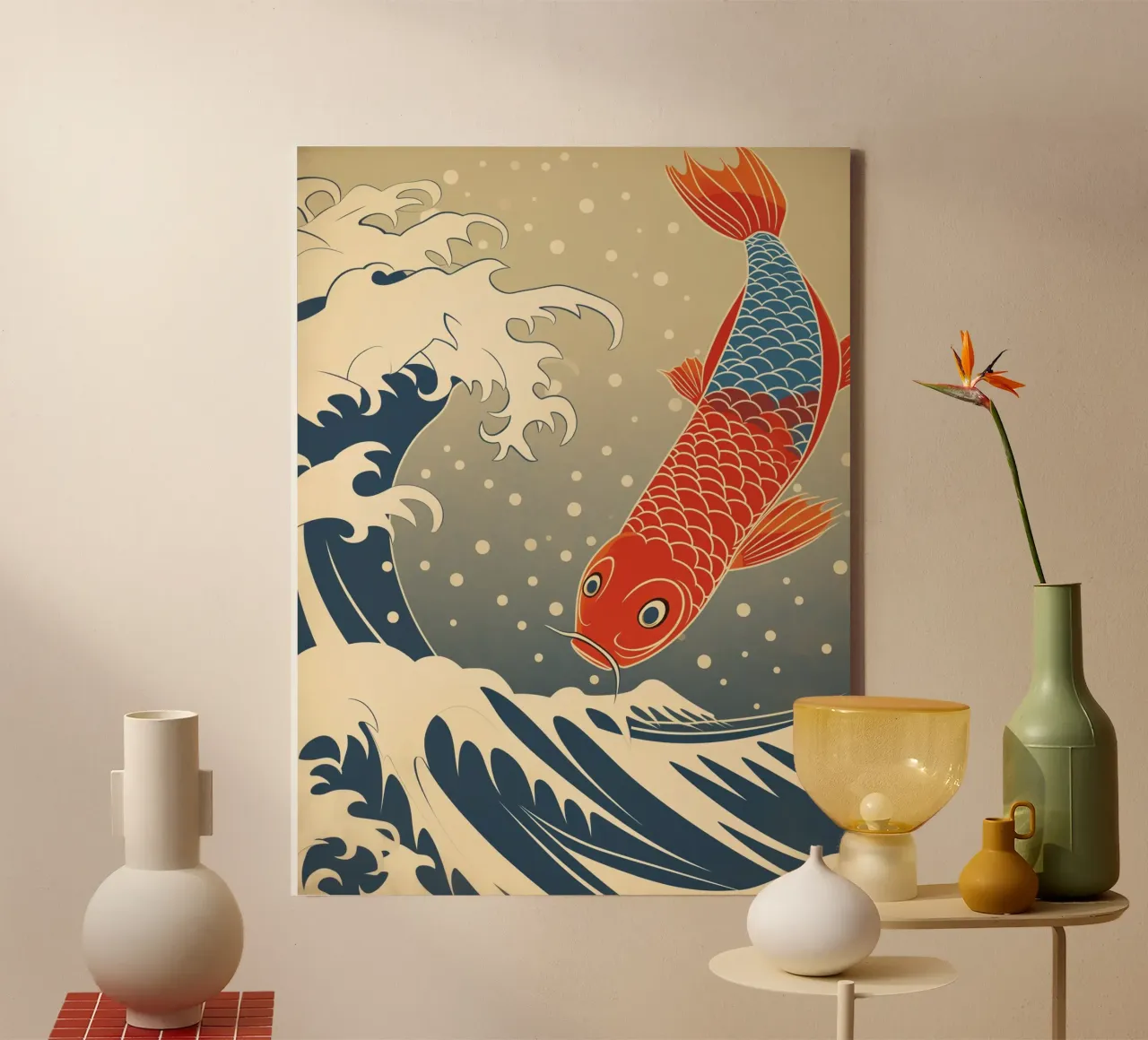 Japanese koi fish in the Great Wave of Kanagawa canvas with Floater frame by Autofocus