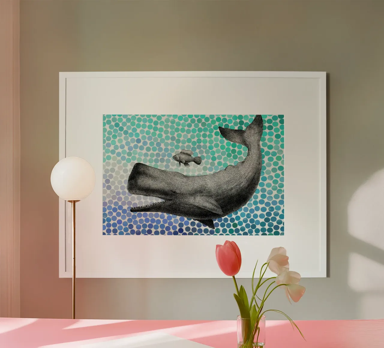 Whale and Fish poster con telaio in alluminio da Eric Fan