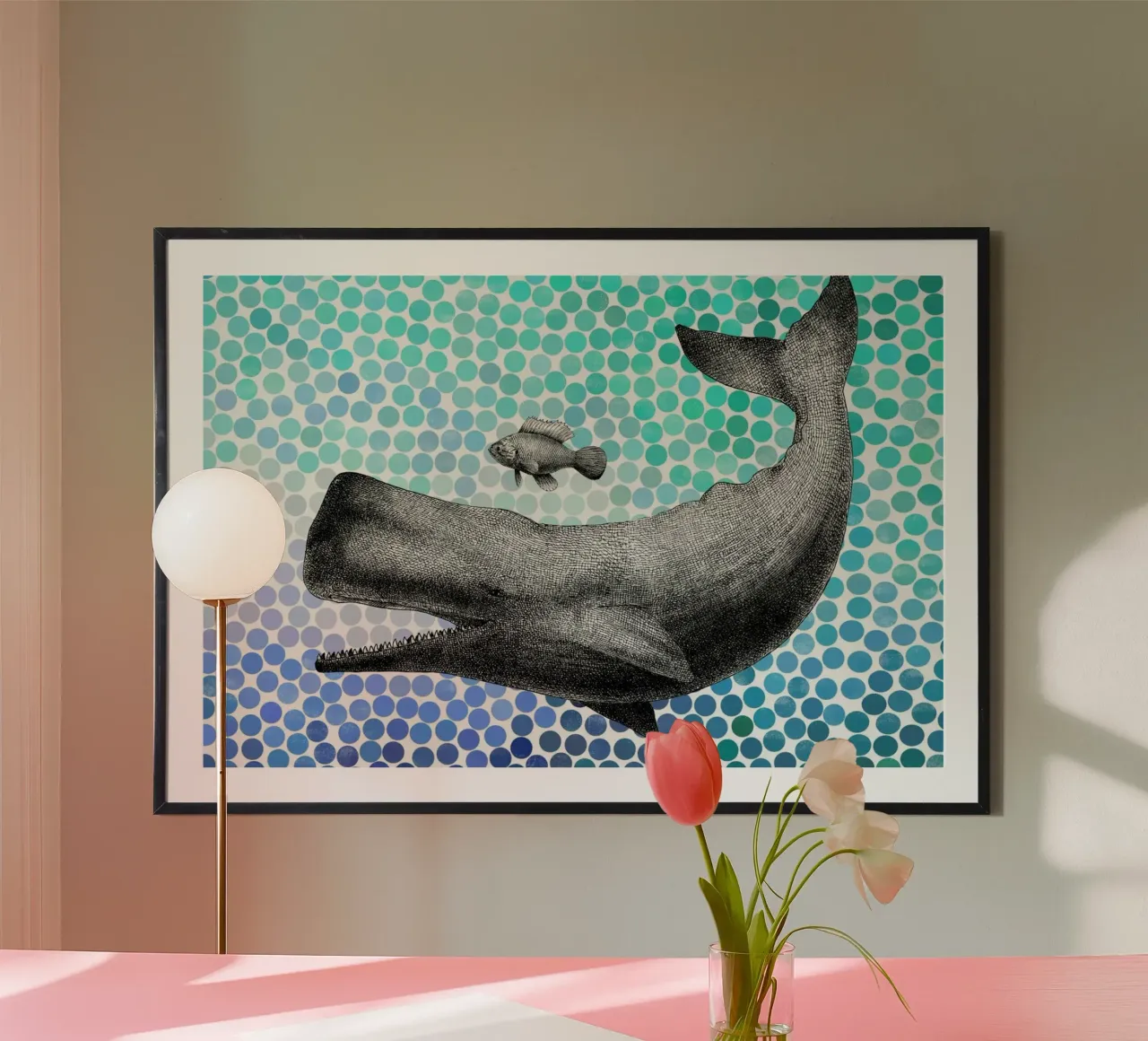 Whale and Fish poster con telaio in alluminio da Eric Fan