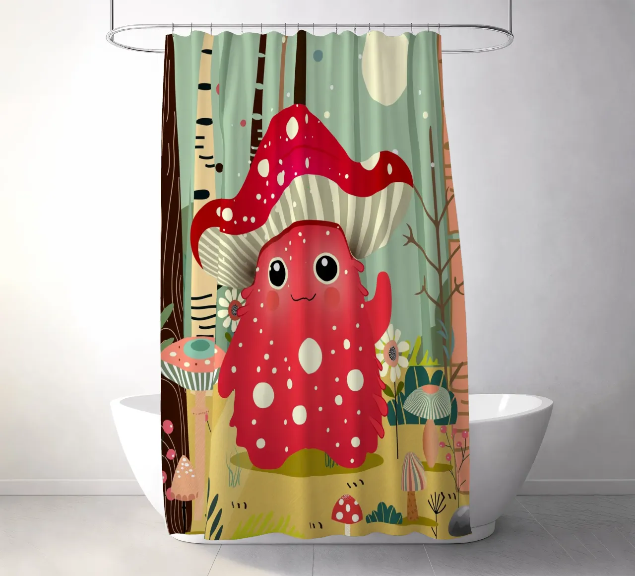 Divertente mostro fungo nella foresta colorata tenda da doccia da namosh