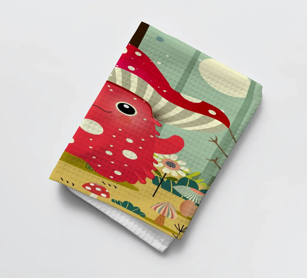 Un drôle de monstre champignon dans une forêt colorée torchon de namosh