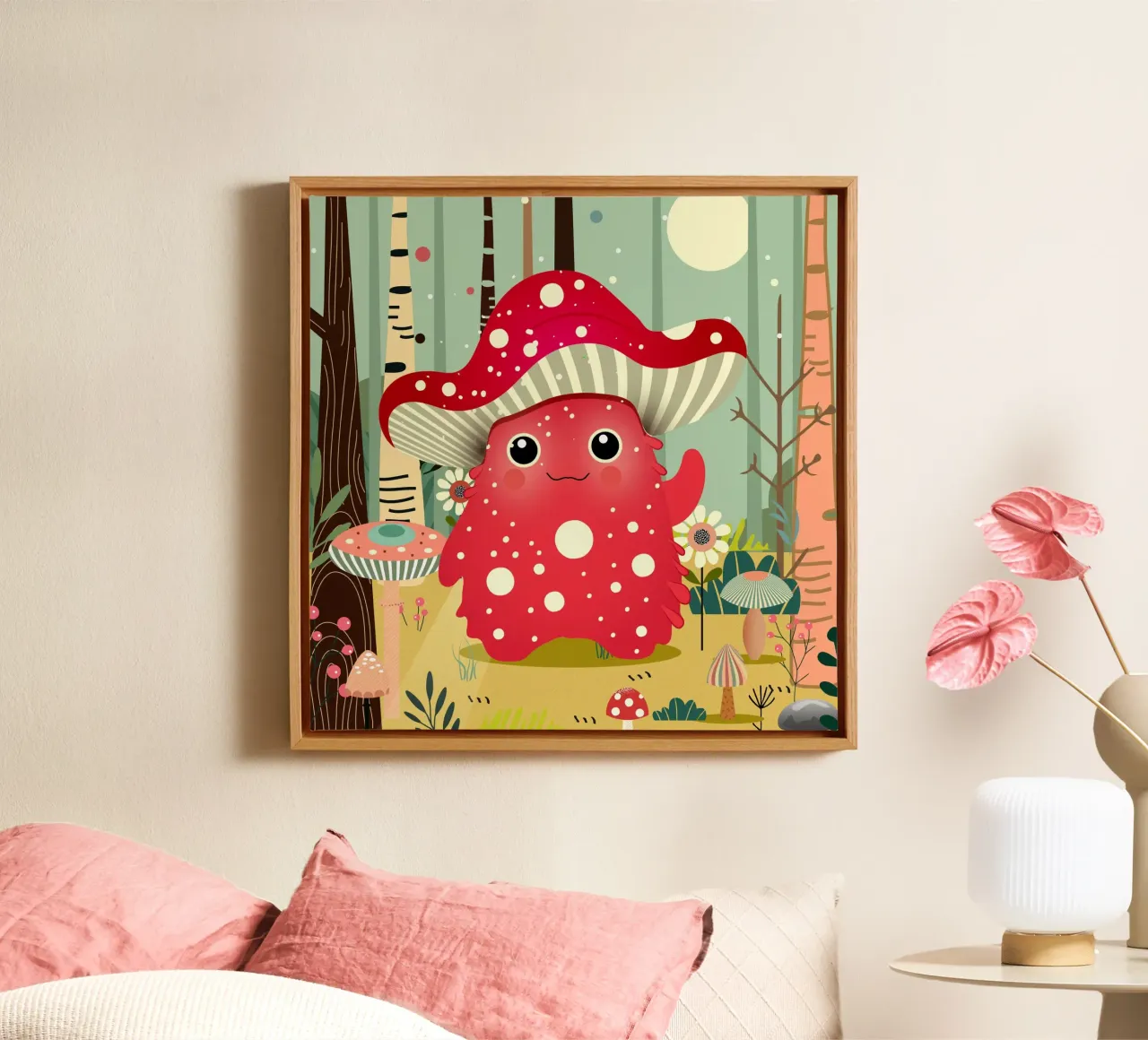 Funny mushroom monster in the colourful forest canvas with Floater frame by namosh