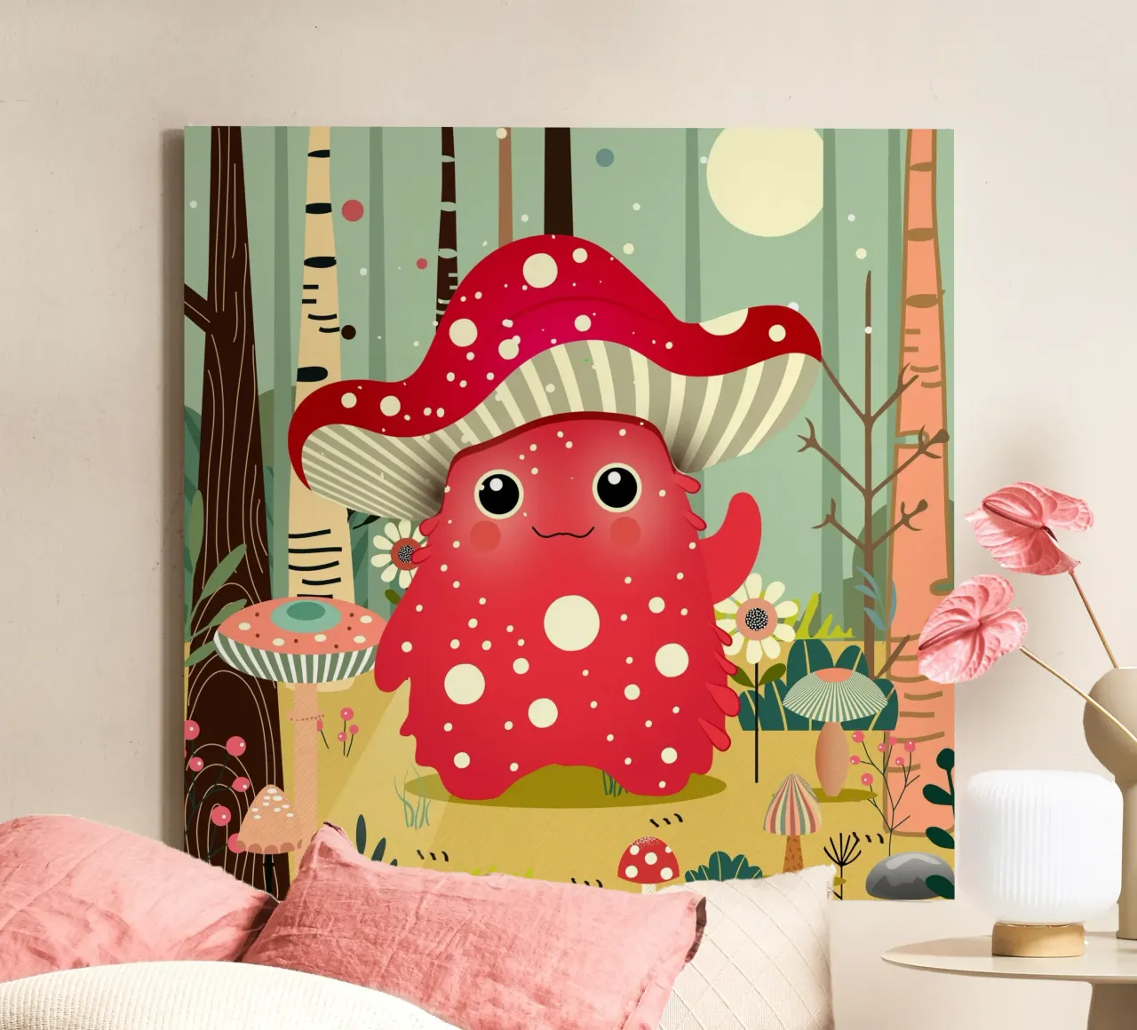 Funny mushroom monster in the colourful forest canvas with Floater frame by namosh