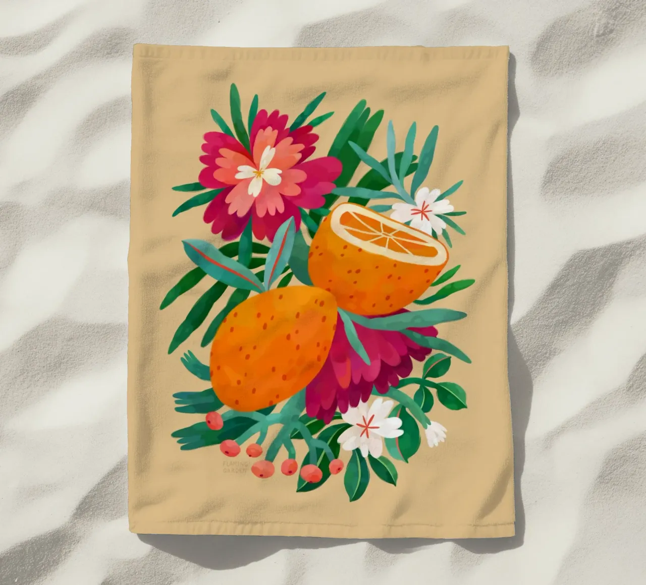 Giardino fiammeggiante - Arance e fiori telo mare da The Artcircle