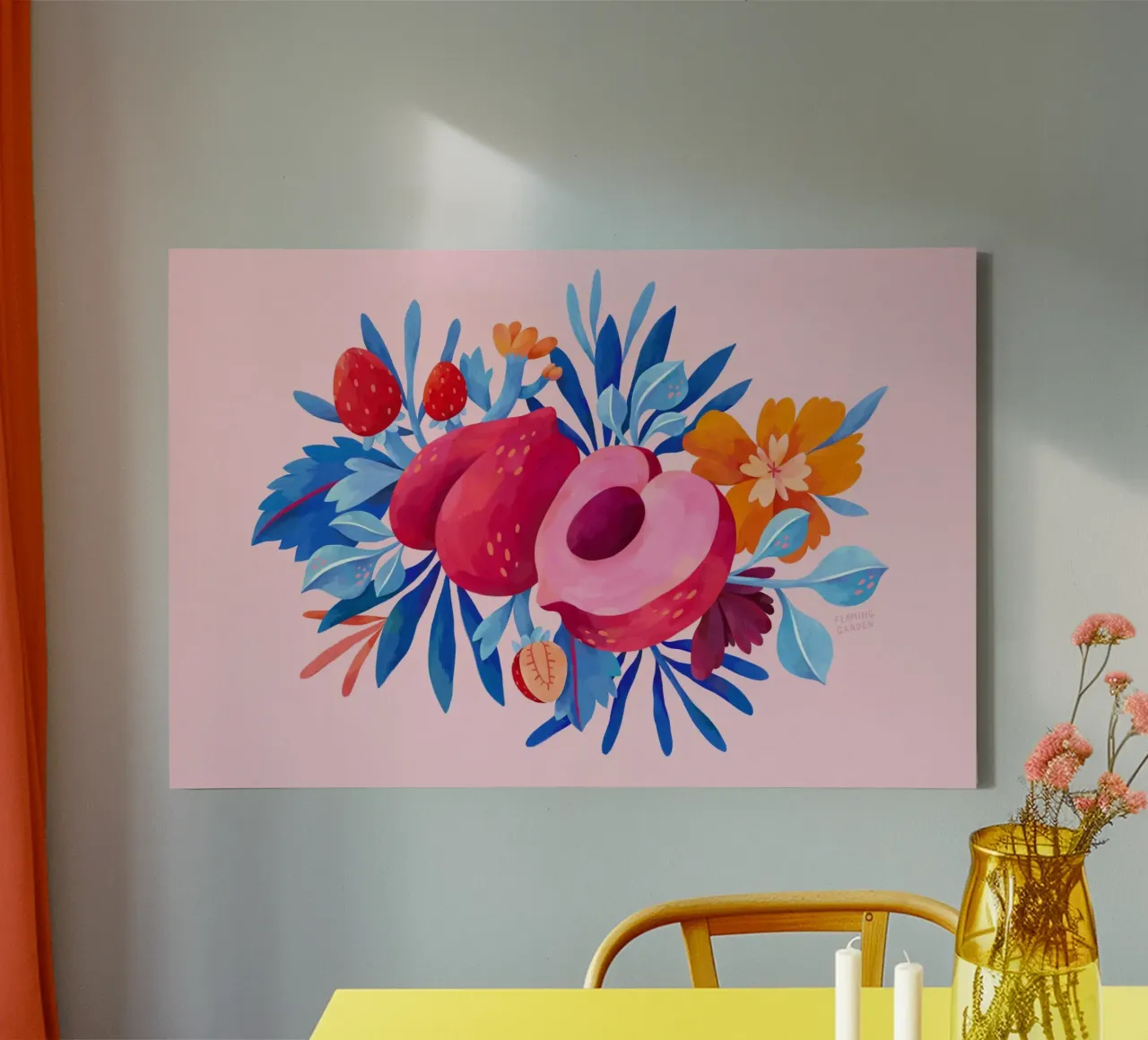 Vlammende tuin - Compositie perzik canvas met Baklijst van The Artcircle