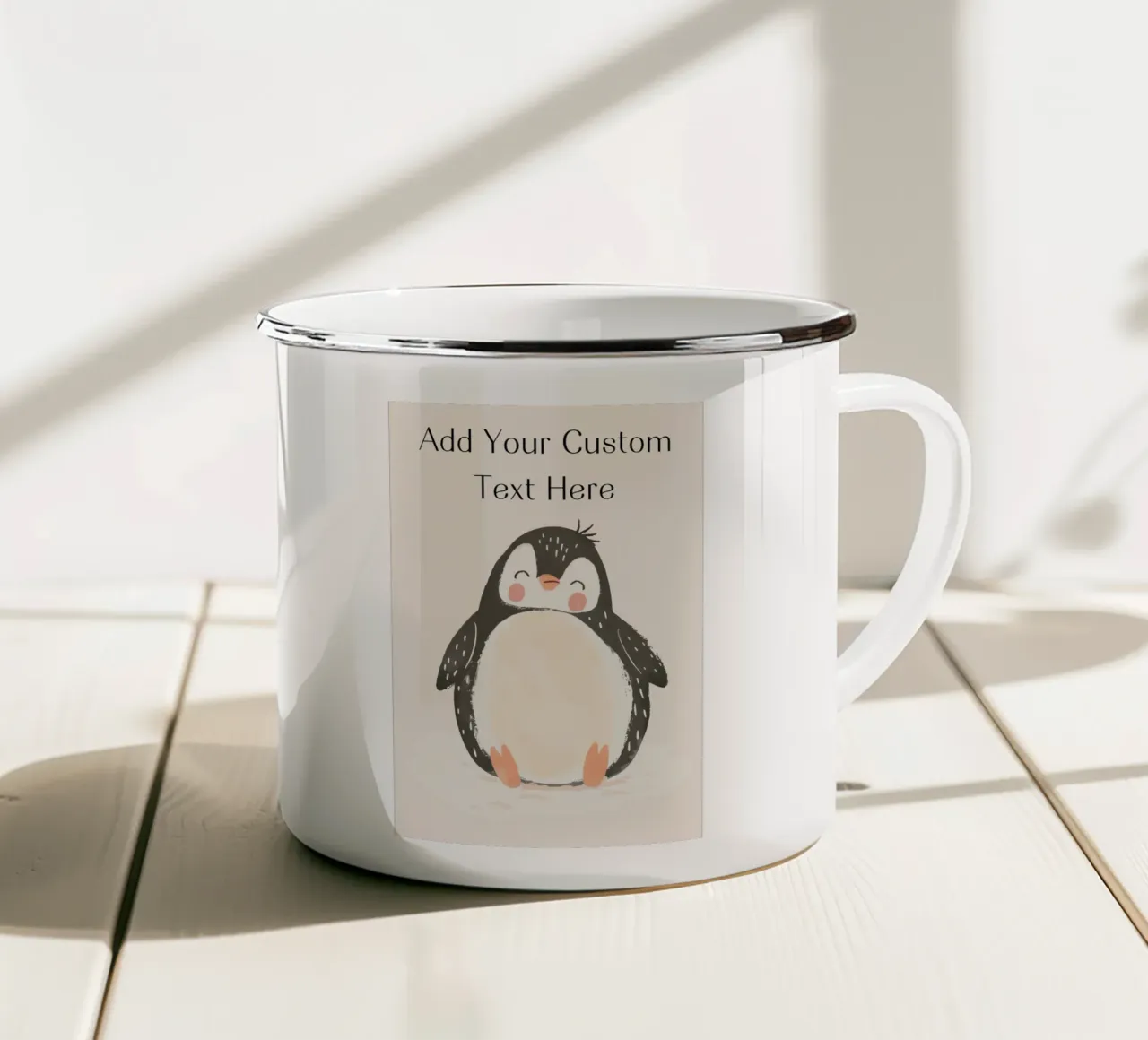 Custom Quote For Kids Nursery, Personalization Cute Penguin enamel mug by Little Lola