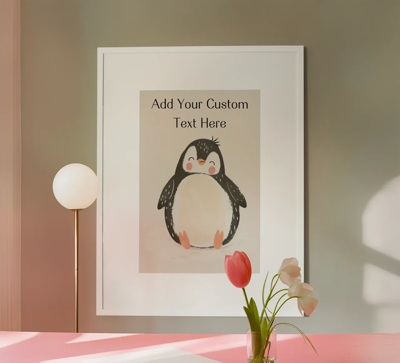 Custom Quote For Kids Nursery, Personalization Cute Penguin poster with wooden frame by Little Lola
