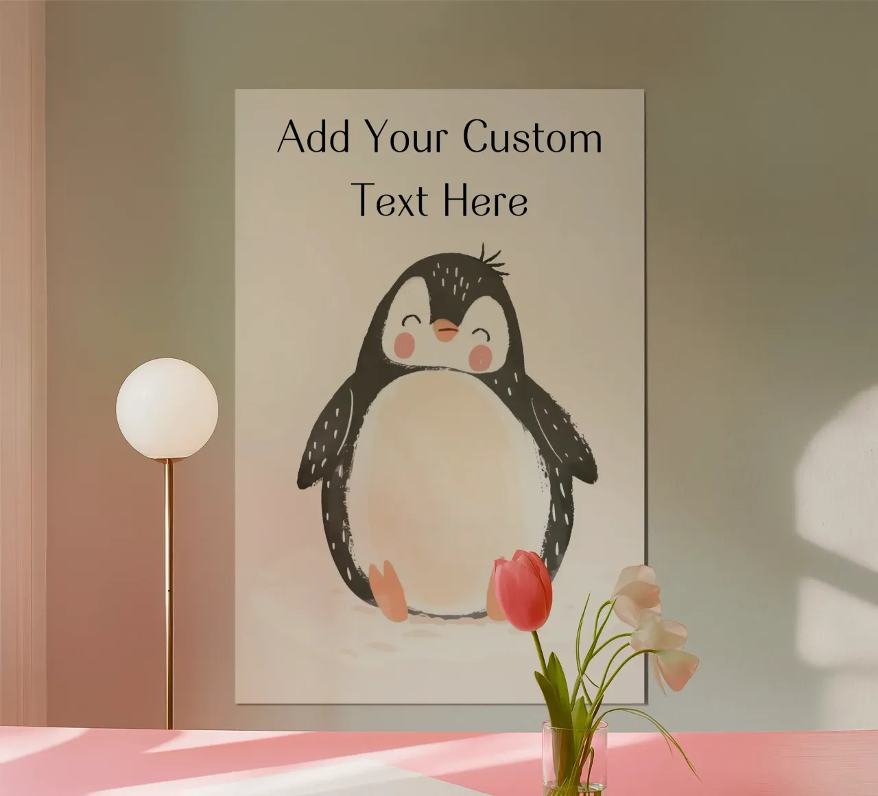 Custom Quote For Kids Nursery, Personalization Cute Penguin poster with wooden frame by Little Lola