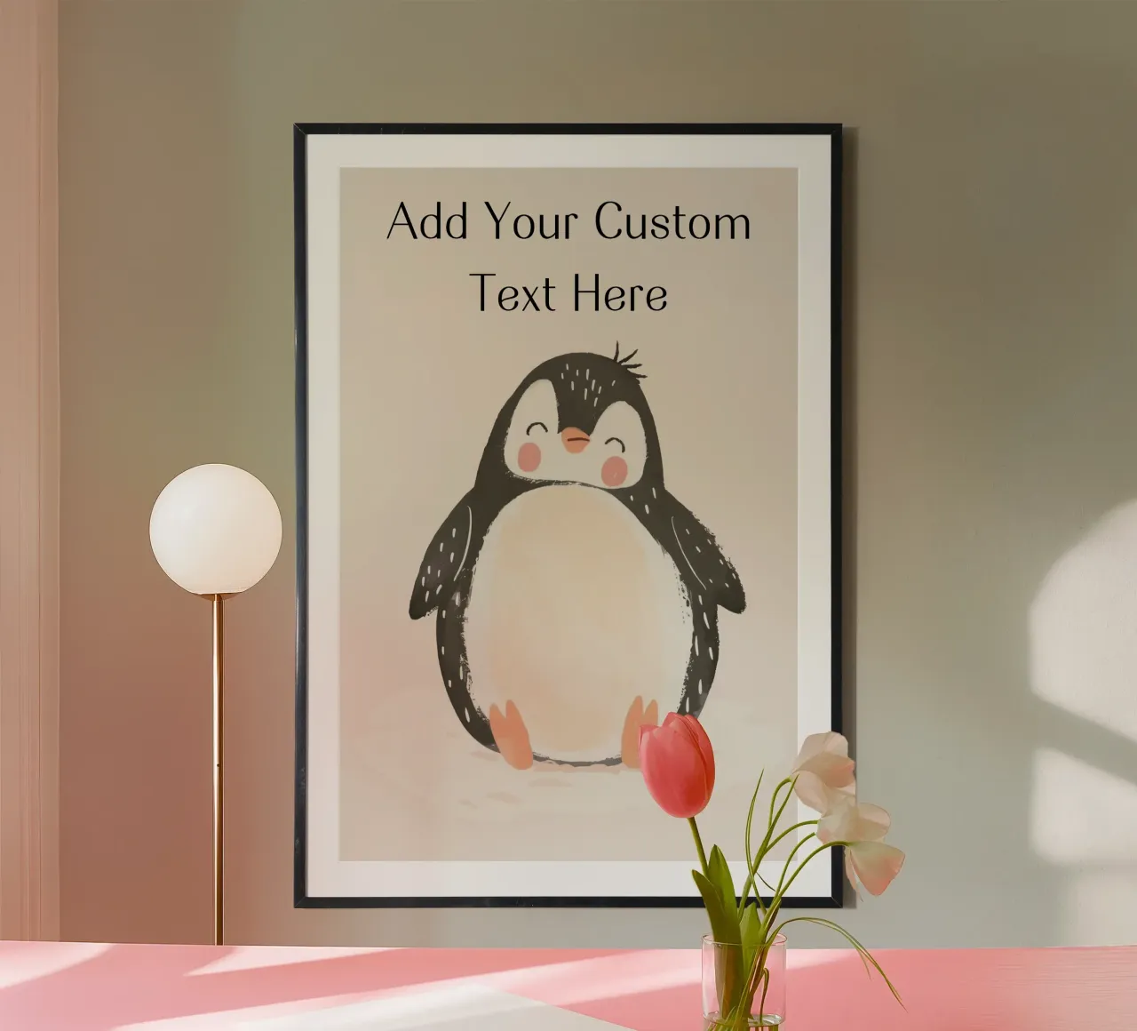 Custom Quote For Kids Nursery, Personalization Cute Penguin poster with wooden frame by Little Lola