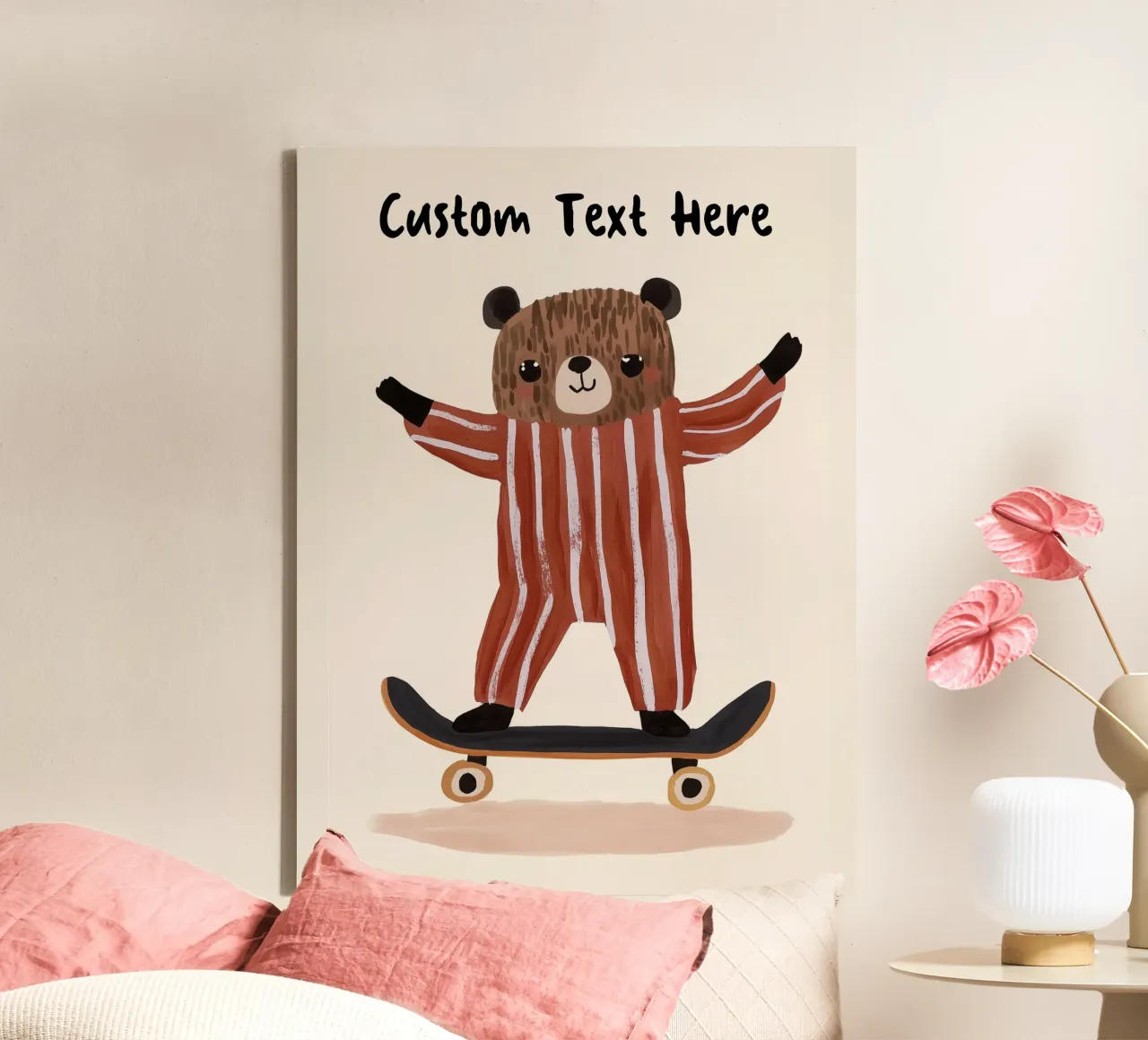 Custom Bear Skateboarding Print, gepersonaliseerde print voor kinderen canvas met Baklijst van Little Lola