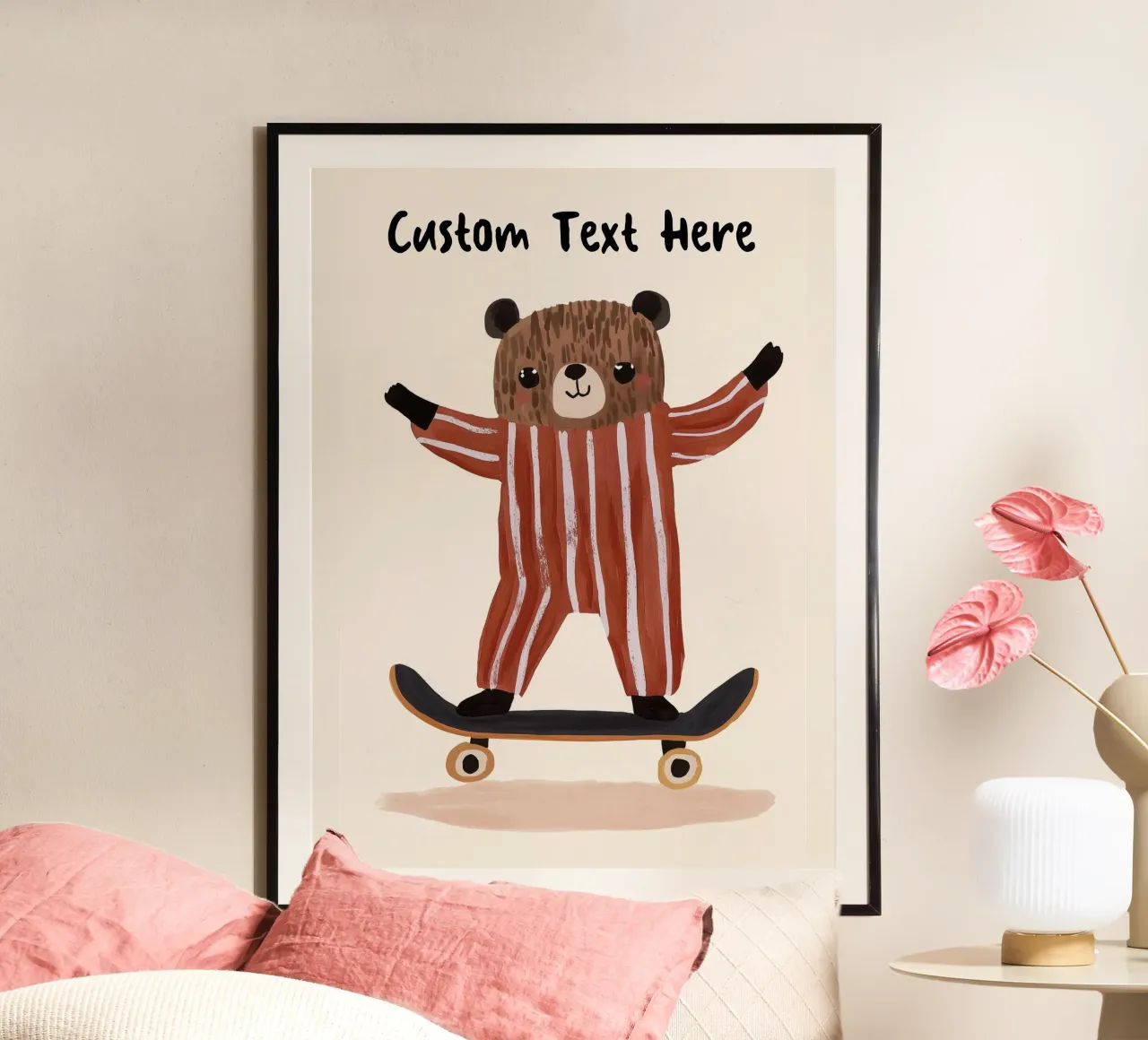 Custom Bear Skateboarding Print, Personalised Print for kids poster with wooden frame by Little Lola