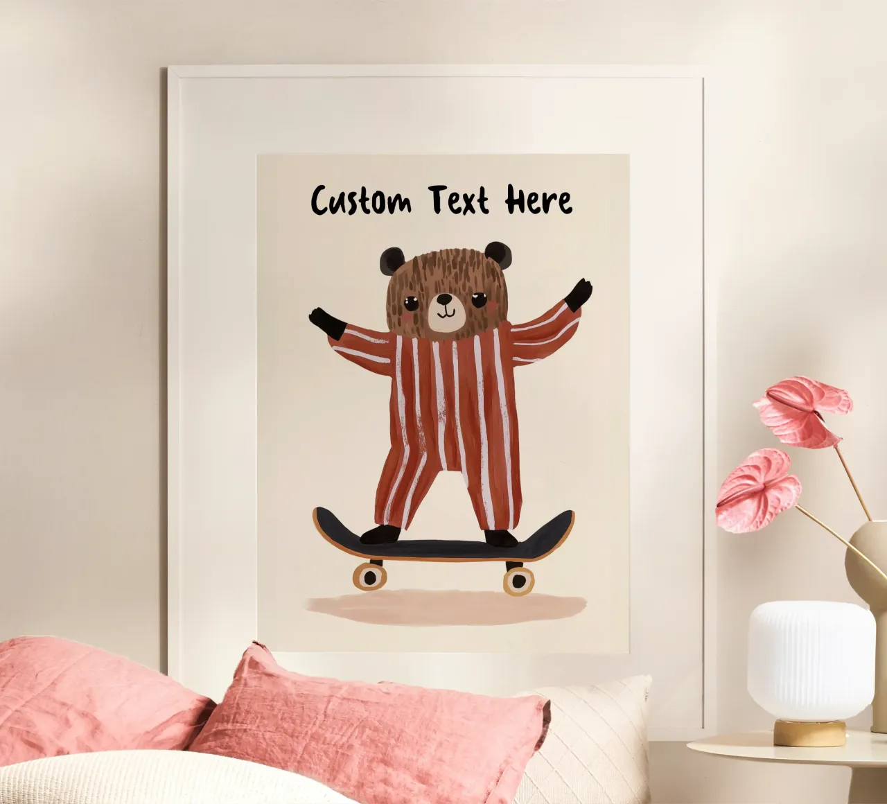 Custom Bear Skateboarding Print, Personalised Print for kids poster with wooden frame by Little Lola