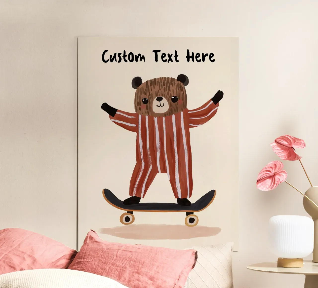 Custom Bear Skateboarding Print, Personalised Print for kids poster with wooden frame by Little Lola
