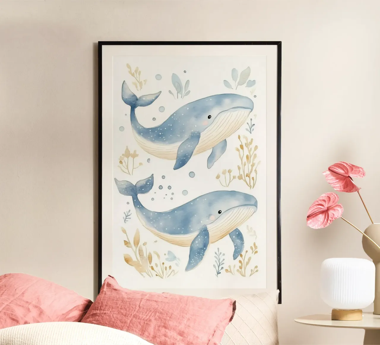 Balene acquerello poster con telaio in legno da Jungle Joy Art